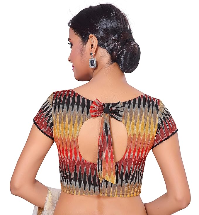 Shringaar Women's Readymade Multicolour Pure Ikat Cotton Saree Blouse With Short Sleeves